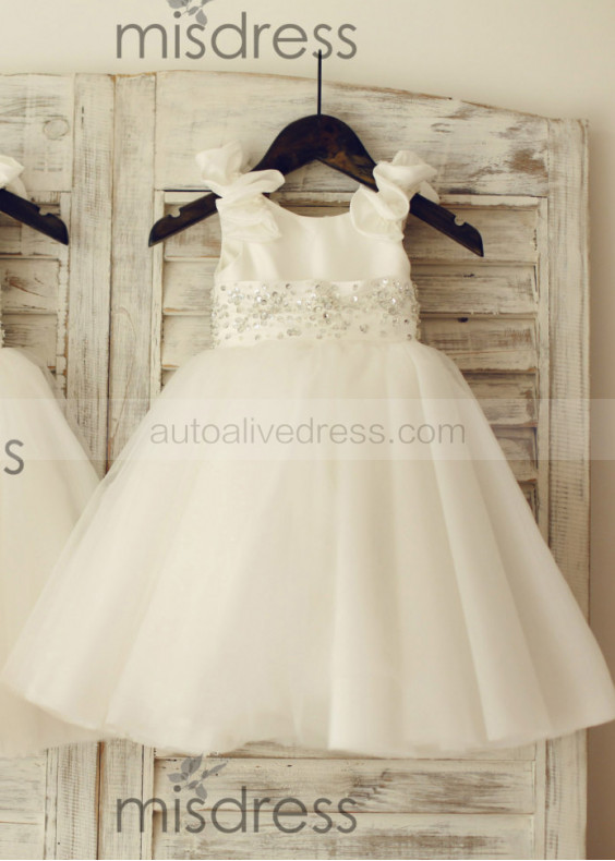 Taffeta Tulle Tutu Flower Girl Dress With Beading Sash